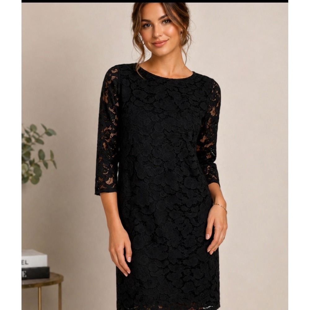 Karl Lagerfeld Paris Black Floral Lace Shift Dress 3/4 sleeves Bow NWT Nordstrom